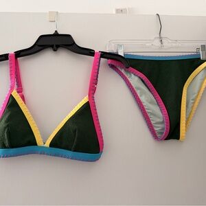 Cupshe Green Bikini Set with Pink, Yellow & Blue Trim
